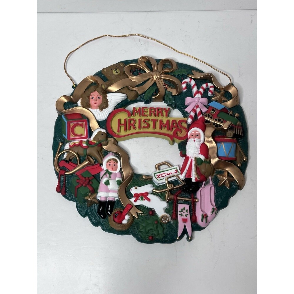 Vintage Plastic Molded 3D Wall Hanging Kitschy Toys Angel Santa Christmas Wreath